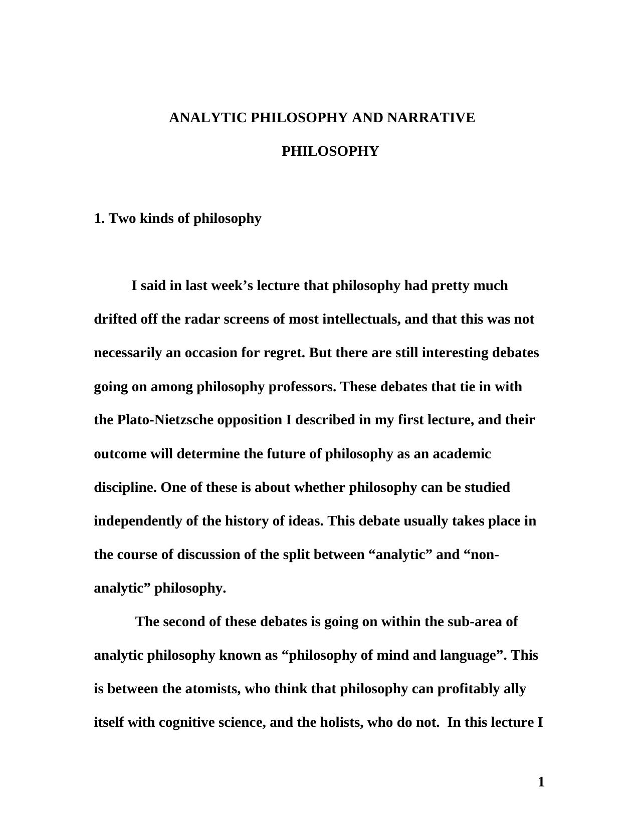Analytic Philosophy and Narrative Philosophy - Essay