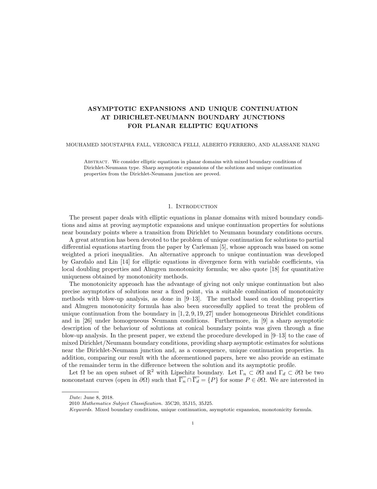 Asymptotic expansions and unique continuation at Dirichlet-Neumann boundary junctions for planar elliptic equations