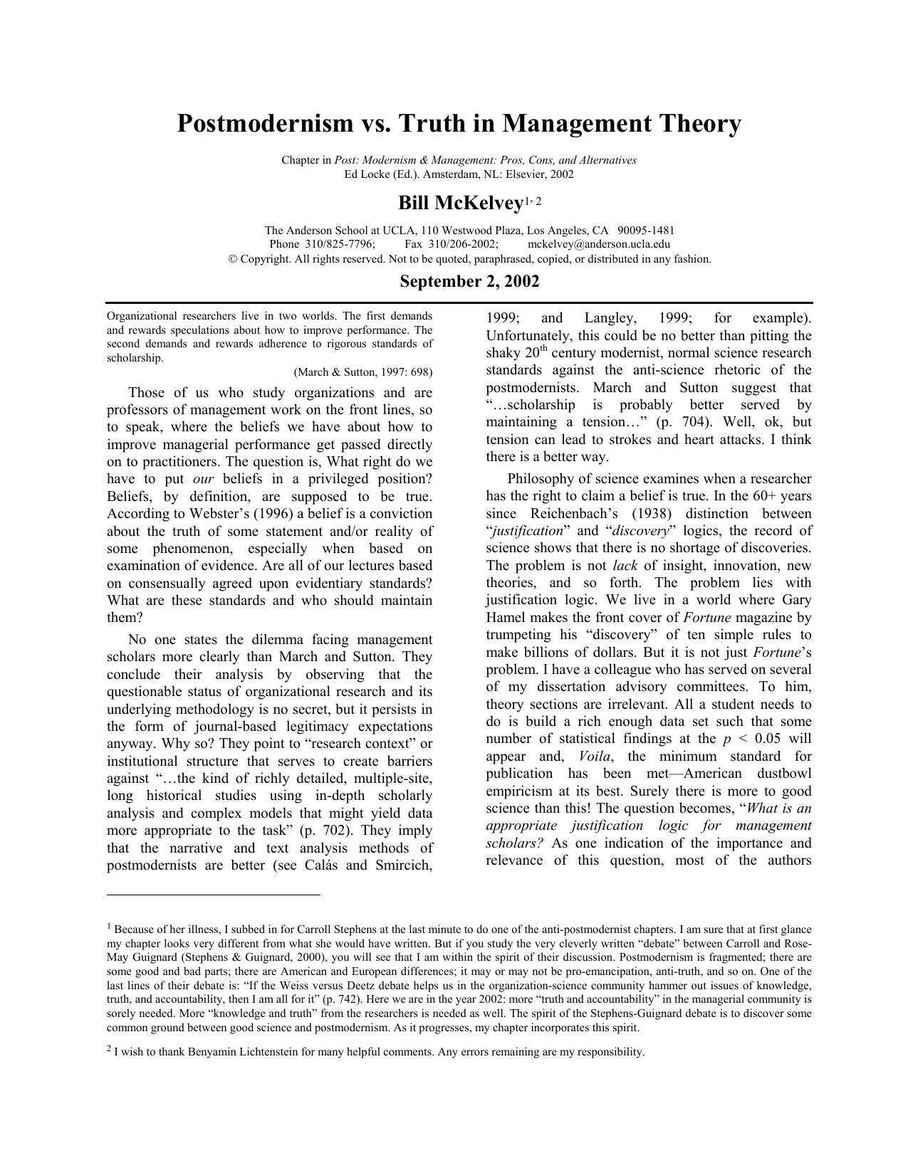 Postmodernism vs. Truth in Management Theory - Chapter