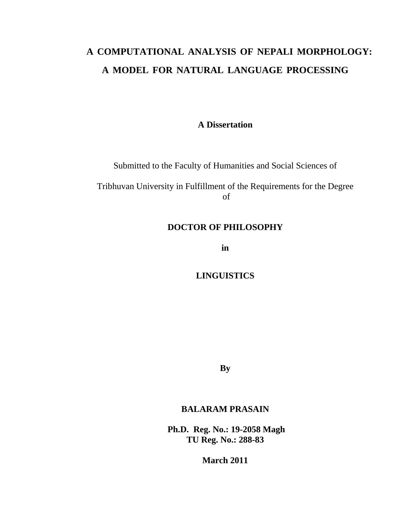 A Computational Analysis of Nepali Morphology: A Model for Natural Language Processing - Dissertation