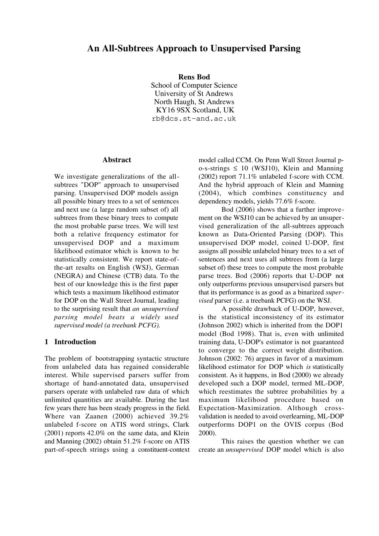 An All-Subtrees Approach to Unsupervised Parsing - Paper