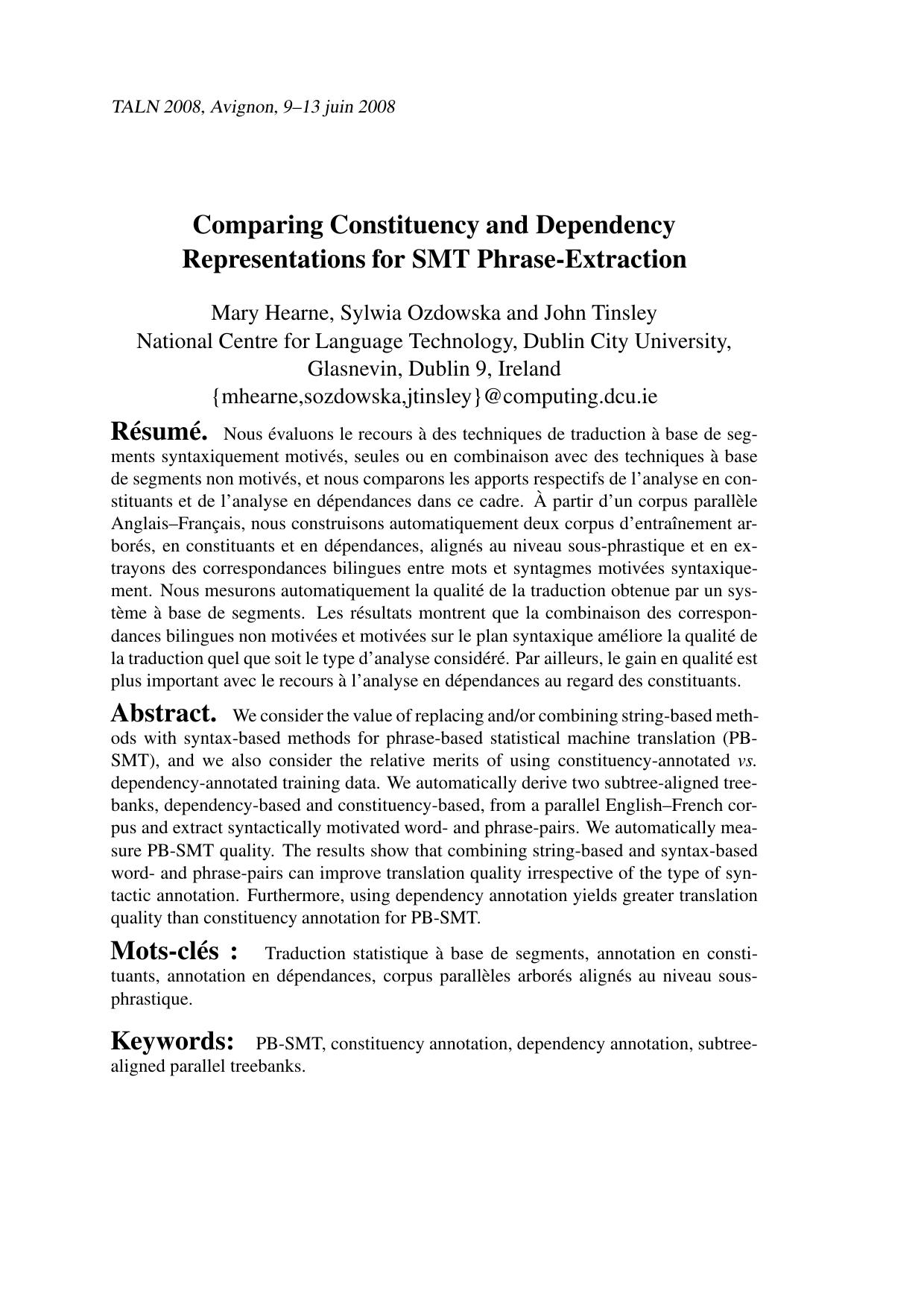 Comparing Constituency & Dependency Representations for SMT Phrase-Extraction (resumé in French) - Thesis